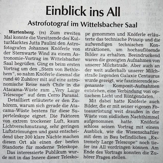 KulturMarkt Wartenberg e.V. Astrovortrag Johannes Knöferle