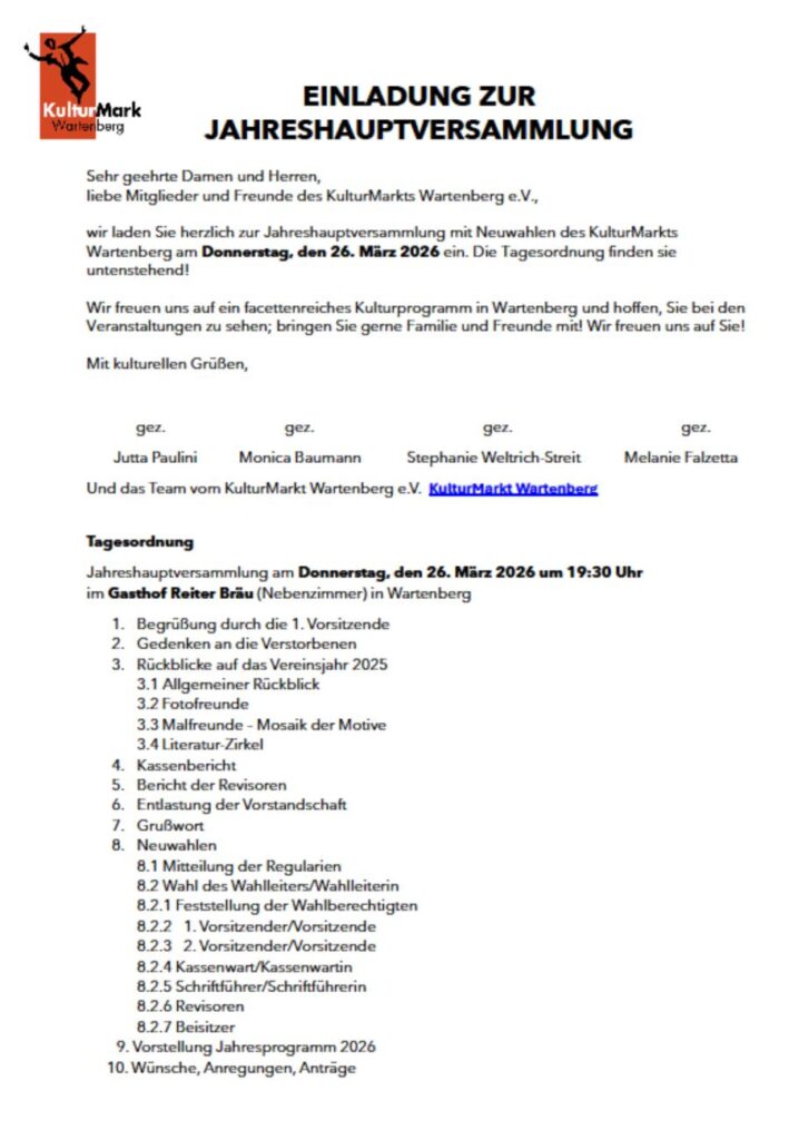 Einladung Jahreshauptversammlung KulturMarkt Wartenberg e.V. 2026